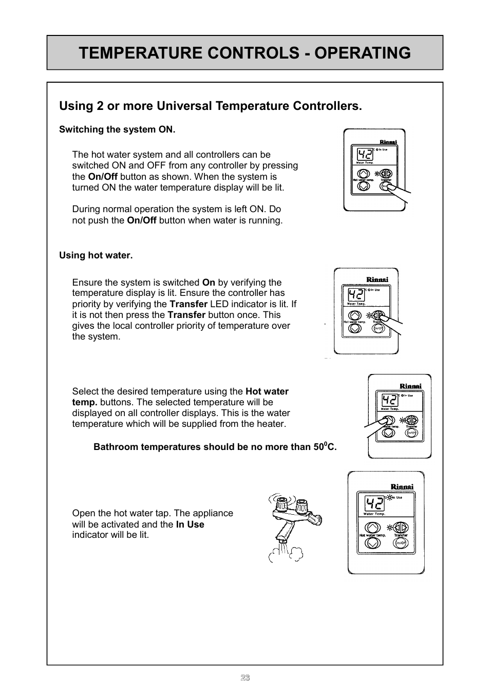 Temperature controls - operating, Using 2 or more universal temperature controllers | Rinnai 26i User Manual | Page 23 / 40