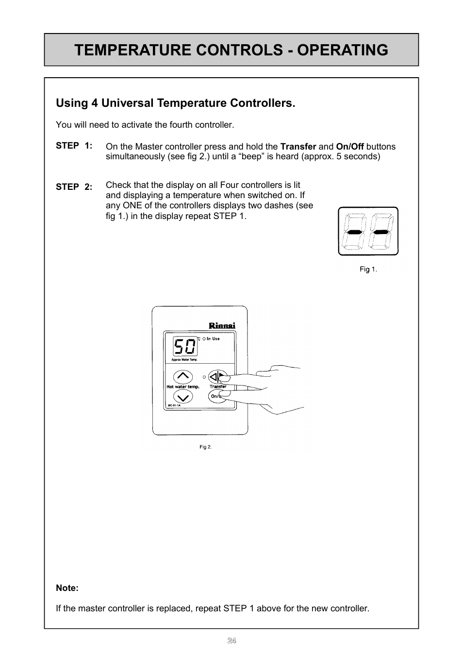 Temperature controls - operating, Using 4 universal temperature controllers | Rinnai 26i User Manual | Page 24 / 40