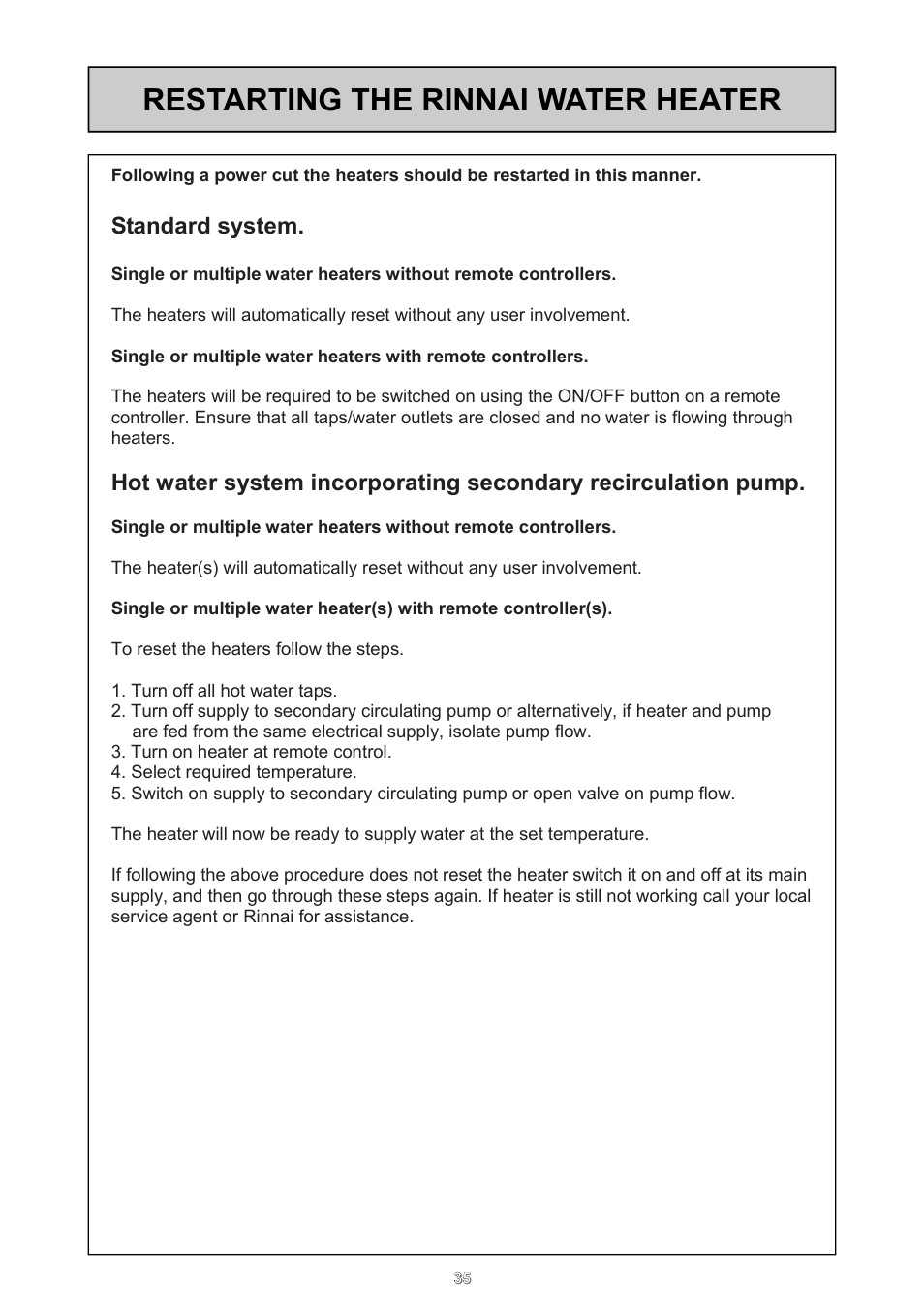 Restarting the rinnai water heater, Standard system | Rinnai 26i User Manual | Page 35 / 40