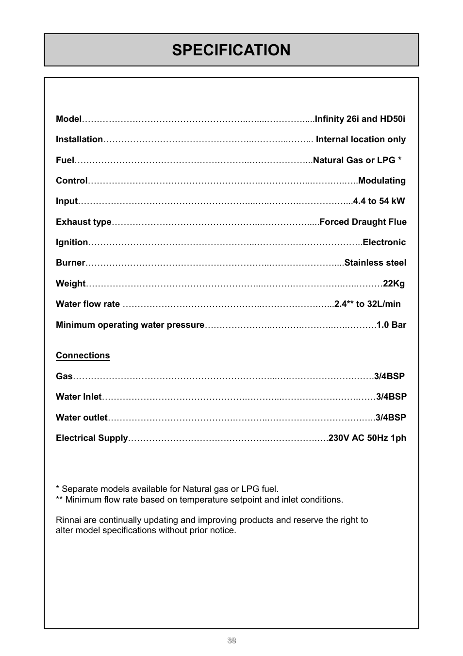 Specification | Rinnai 26i User Manual | Page 38 / 40