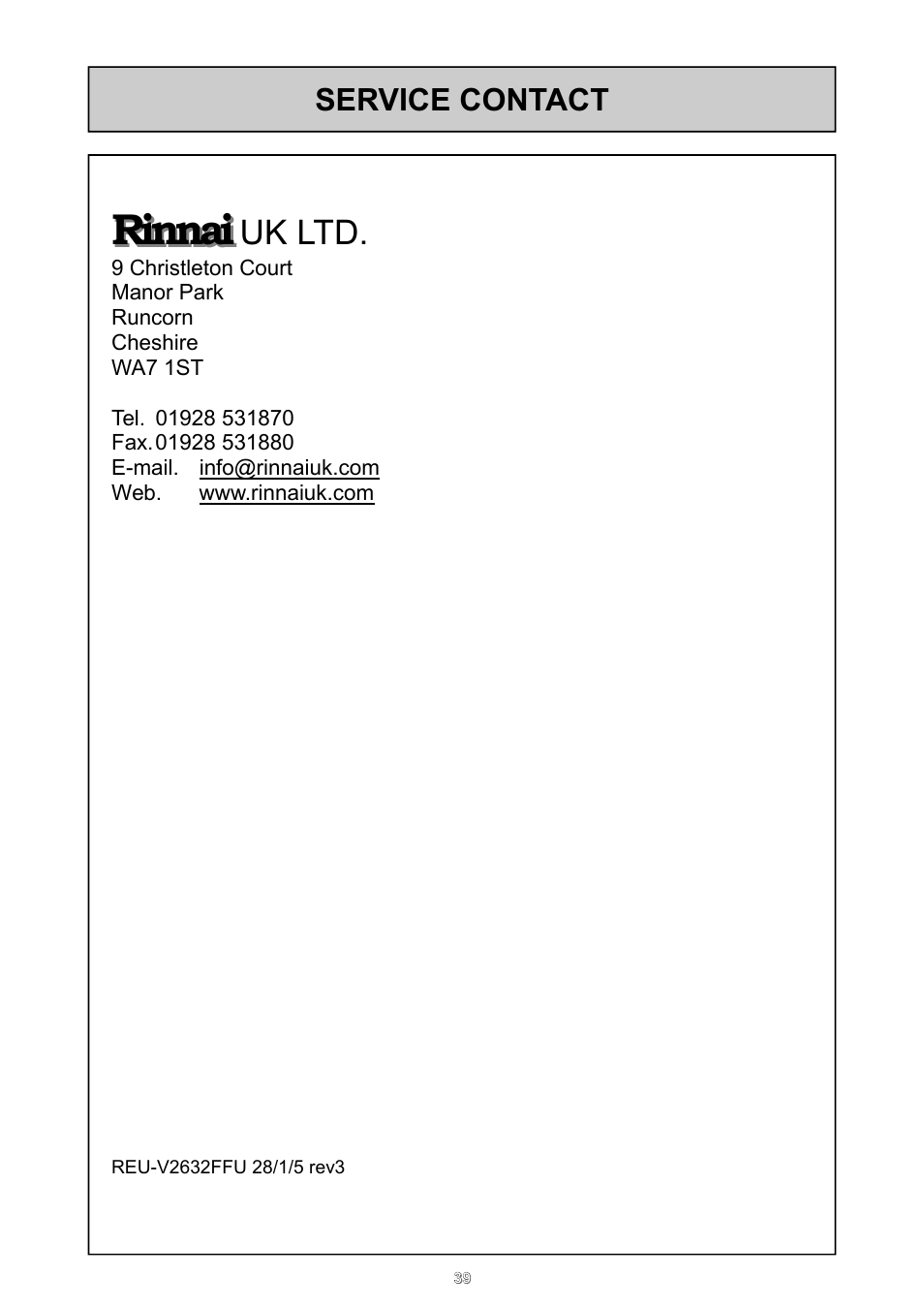 Rinnai, Uk ltd, Service contact | Rinnai 26i User Manual | Page 39 / 40