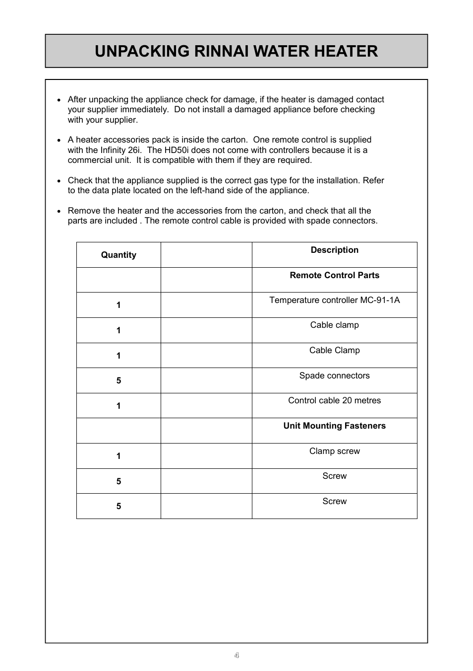 Unpacking rinnai water heater | Rinnai 26i User Manual | Page 4 / 40