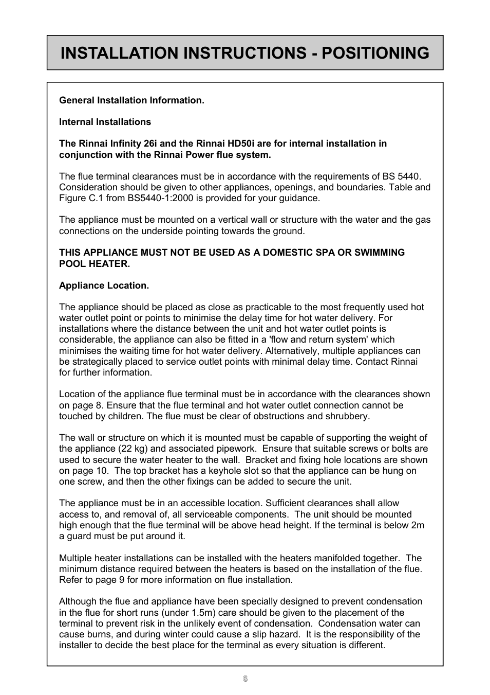 Installation instructions - positioning | Rinnai 26i User Manual | Page 6 / 40