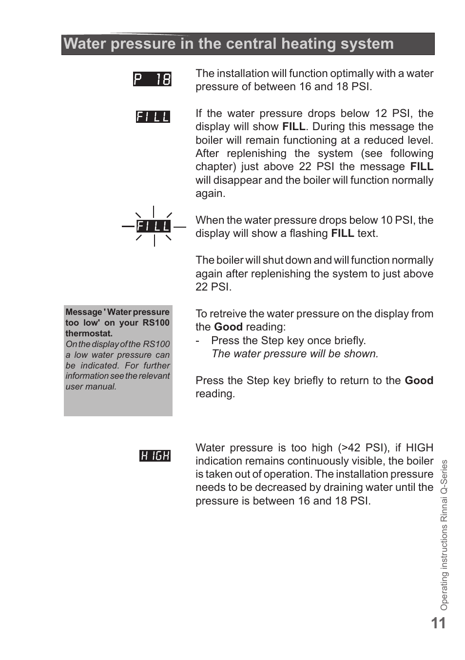 11 water pressure in the central heating system | Rinnai Q175SN User Manual | Page 11 / 16