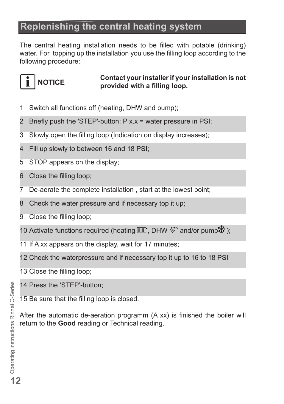 12 replenishing the central heating system | Rinnai Q175SN User Manual | Page 12 / 16