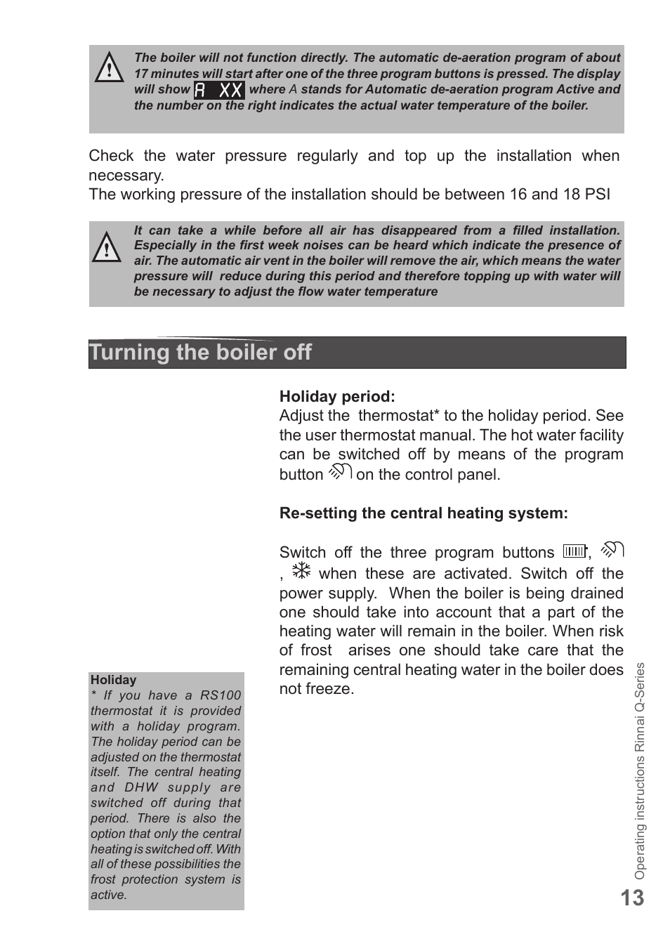 Turning the boiler off | Rinnai Q175SN User Manual | Page 13 / 16