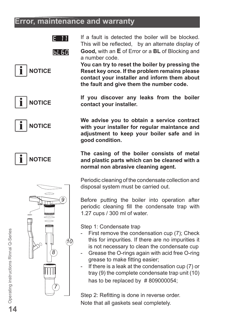 14 error, maintenance and warranty | Rinnai Q175SN User Manual | Page 14 / 16