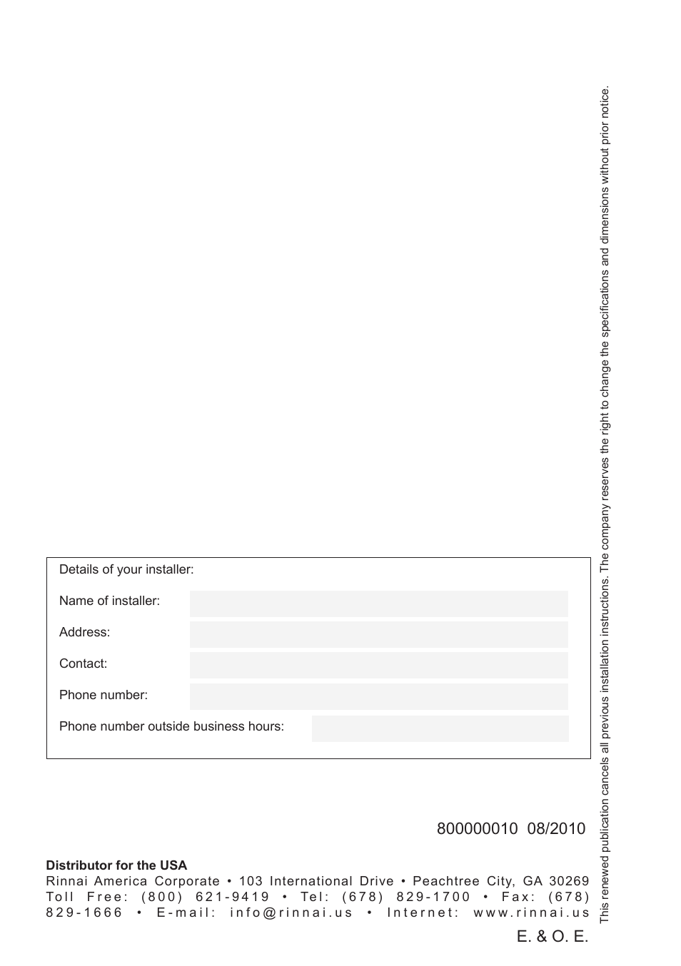 E. & o. e | Rinnai Q175SN User Manual | Page 16 / 16