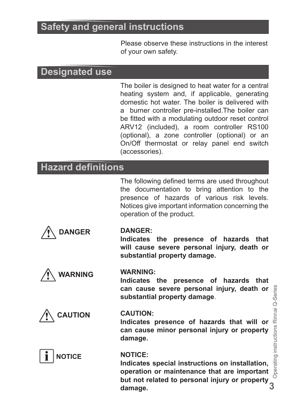 Safety and general instructions, Designated use hazard definitions | Rinnai Q175SN User Manual | Page 3 / 16