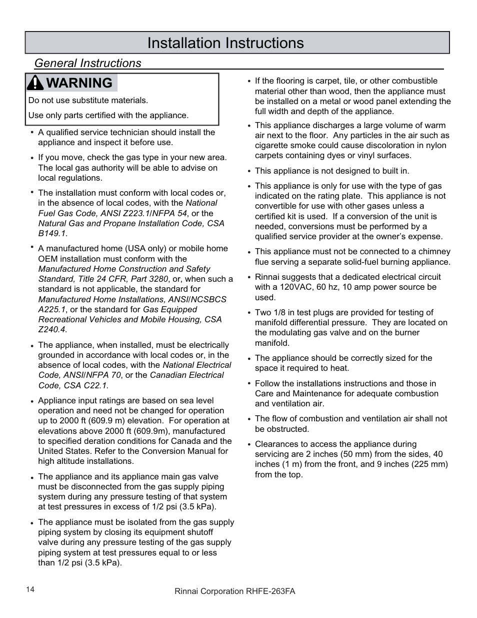 Installation instructions, Warning | Rinnai RHFE-263FAII User Manual | Page 14 / 44