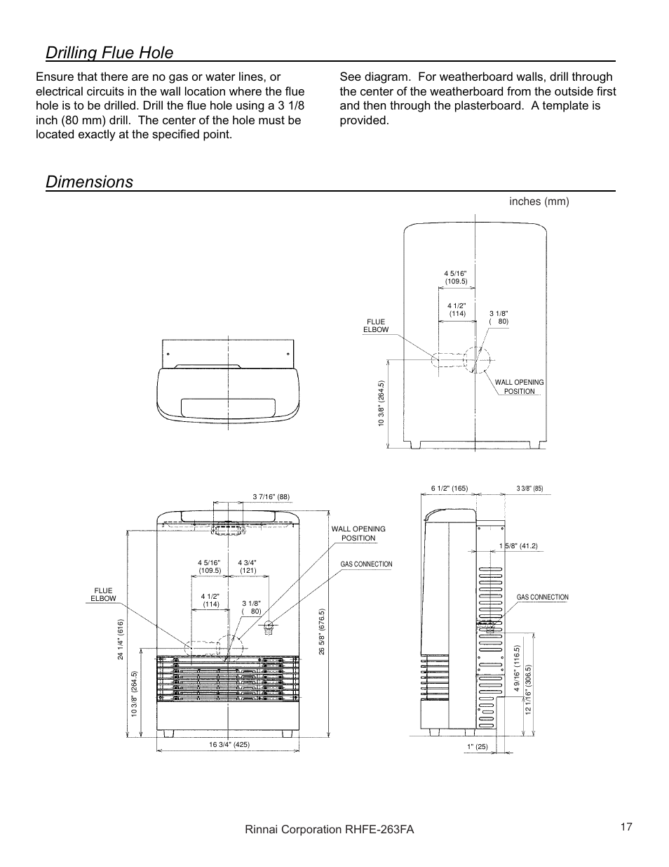 Drilling flue hole, Dimensions | Rinnai RHFE-263FAII User Manual | Page 17 / 44
