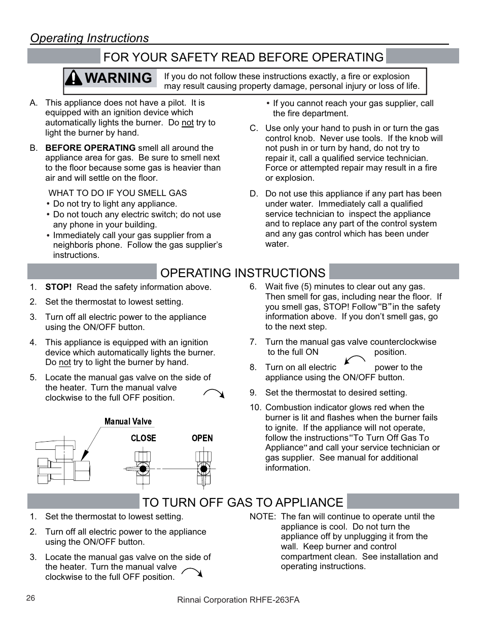 Warning | Rinnai RHFE-263FAII User Manual | Page 26 / 44