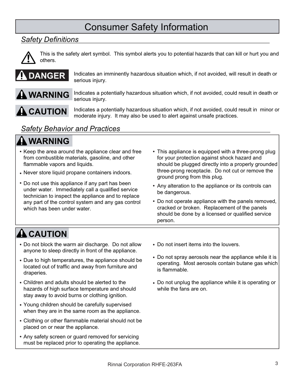 Consumer safety information, Caution, Warning | Caution warning danger, Safety behavior and practices, Safety definitions | Rinnai RHFE-263FAII User Manual | Page 3 / 44