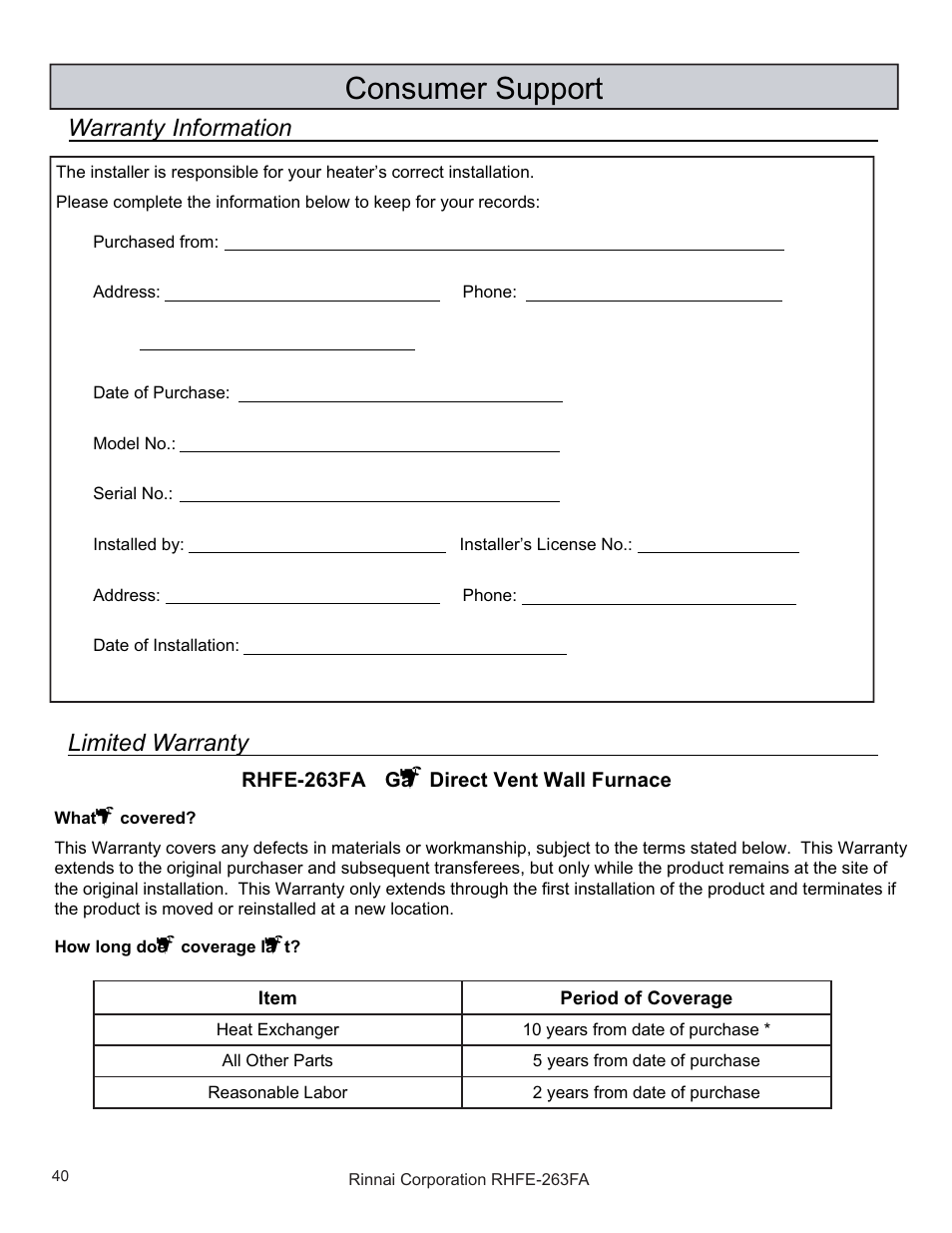 Consumer support | Rinnai RHFE-263FAII User Manual | Page 40 / 44
