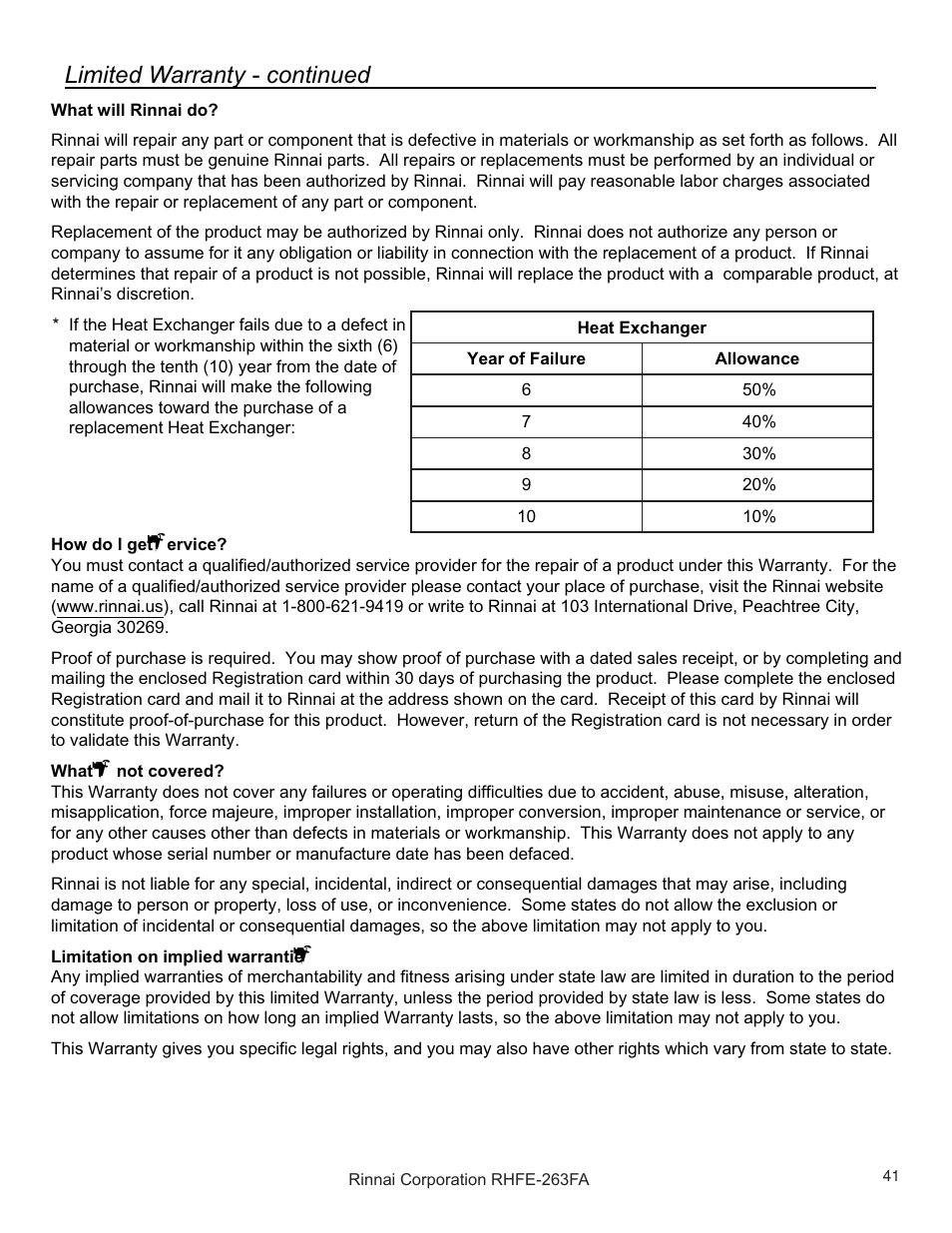Rinnai RHFE-263FAII User Manual | Page 41 / 44