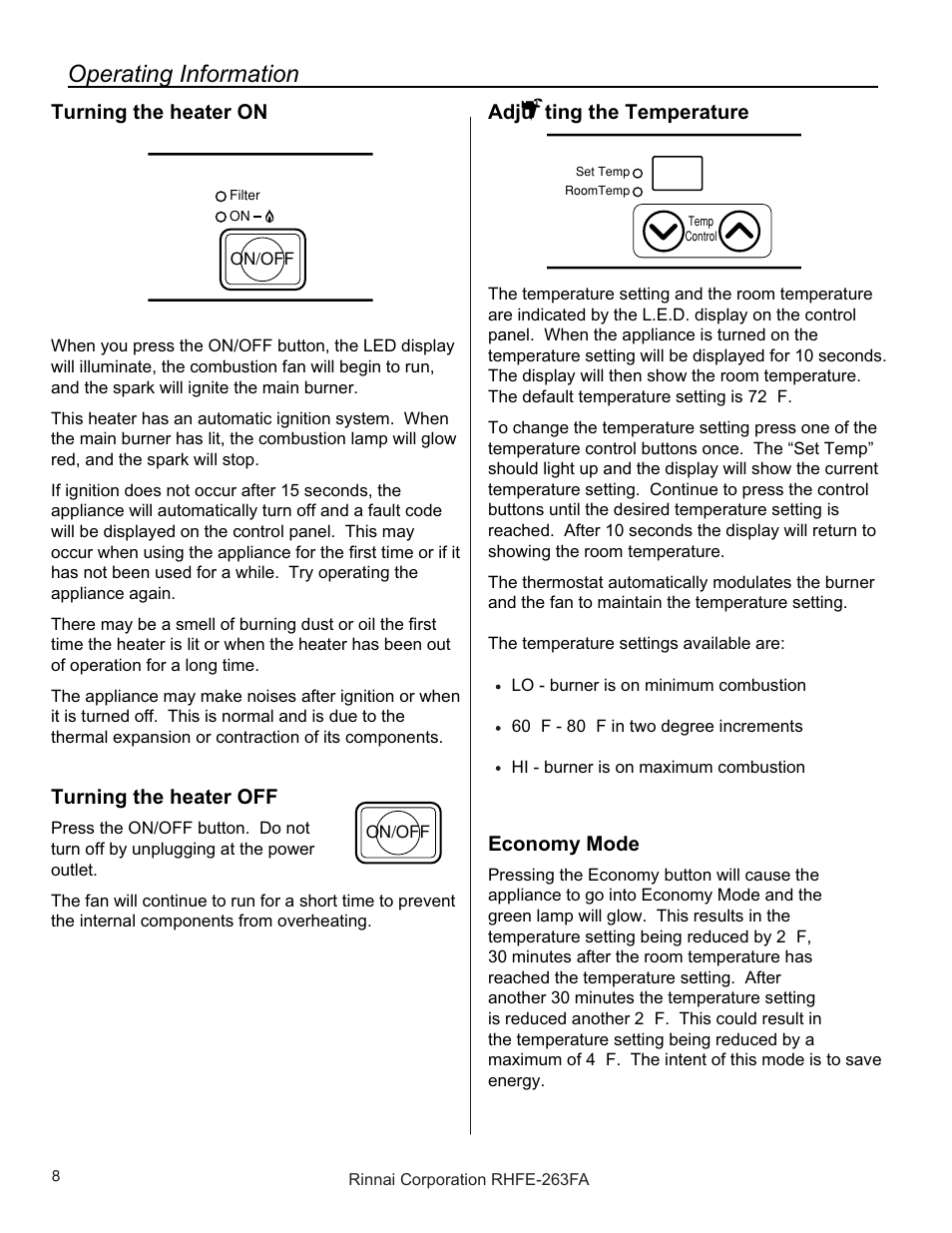 Operating information | Rinnai RHFE-263FAII User Manual | Page 8 / 44
