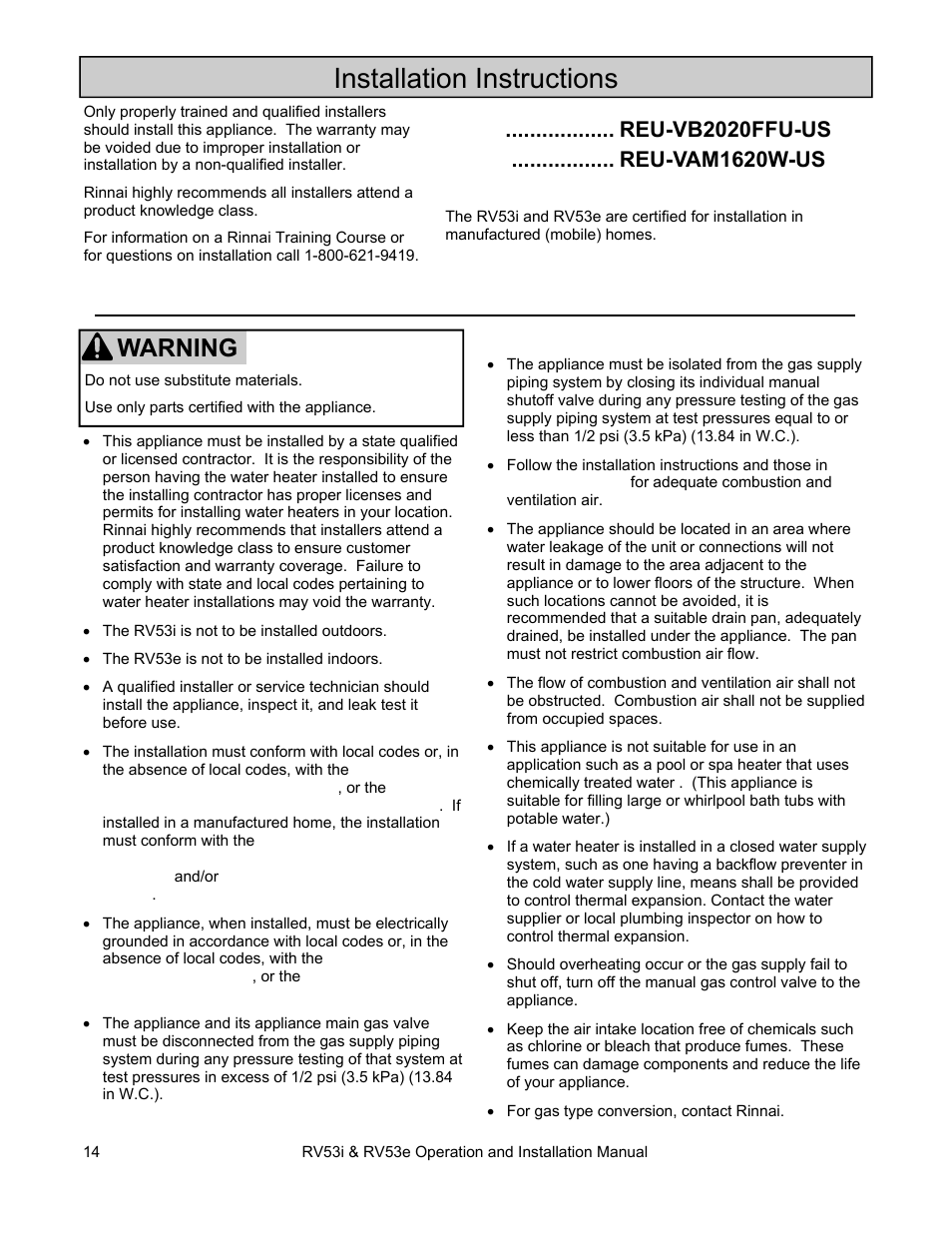 Installation instructions, Warning | Rinnai RV53I User Manual | Page 14 / 60
