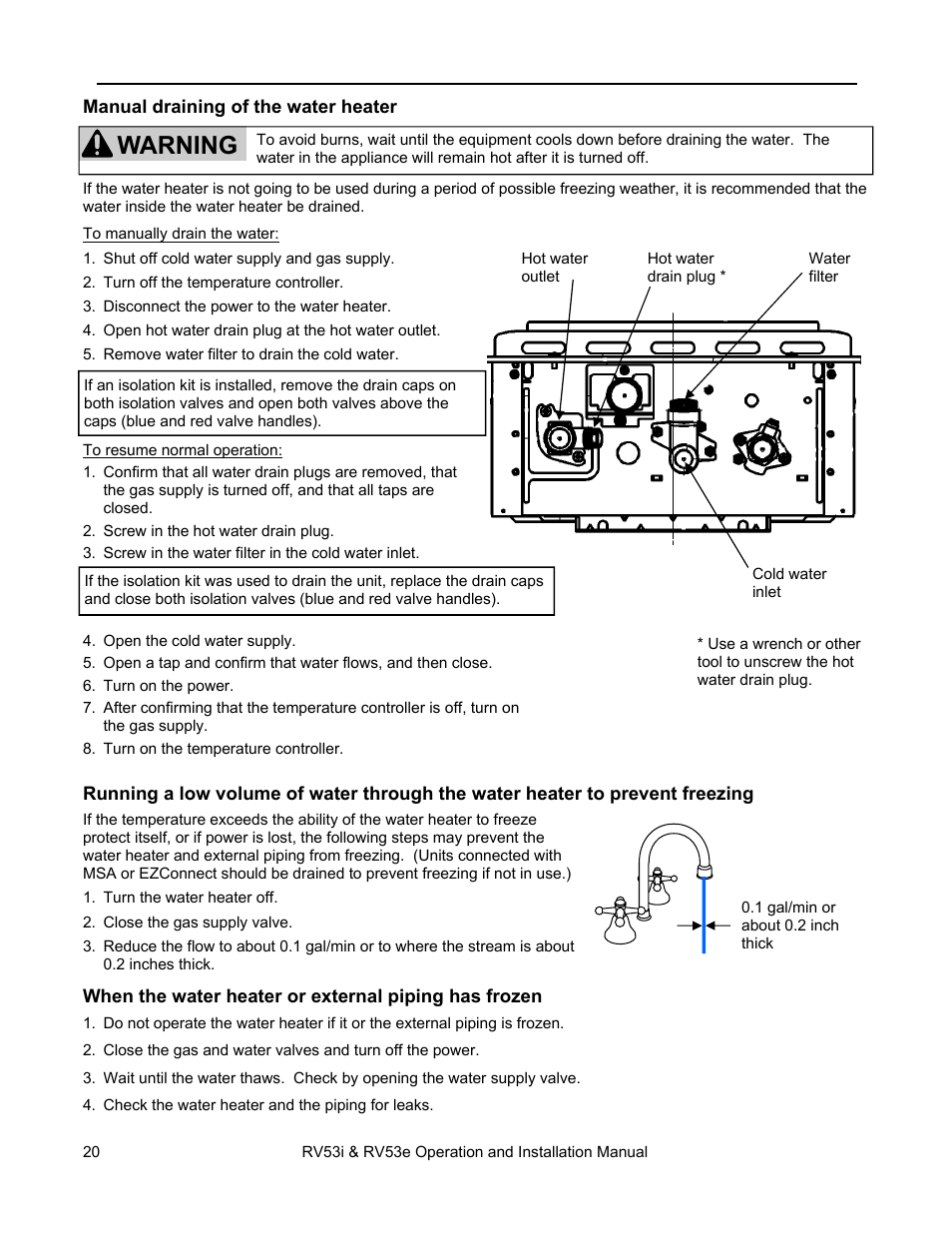 Warning, Freeze protection methods | Rinnai RV53I User Manual | Page 20 / 60