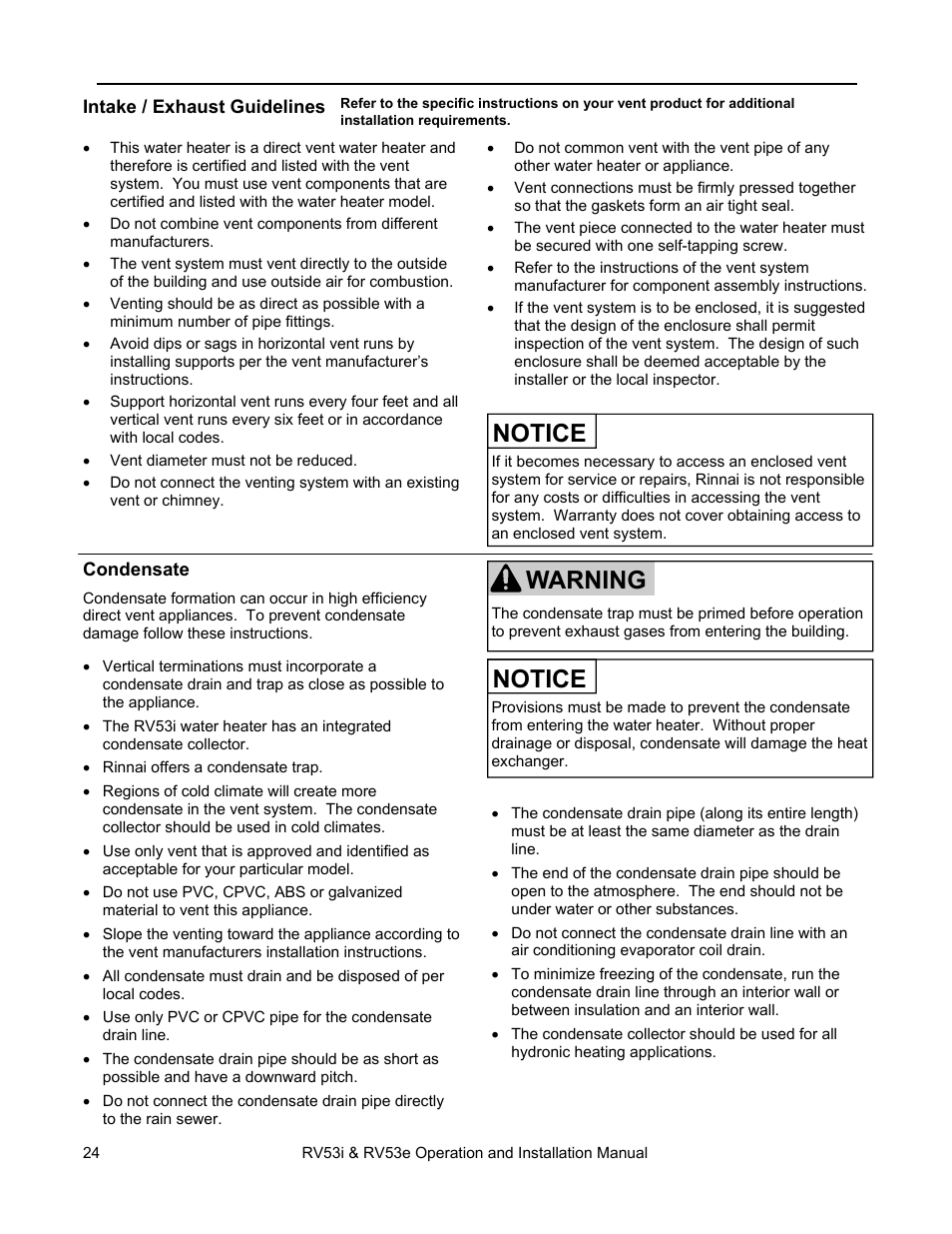 Notice, Warning, Venting instructions (rv53i) | Rinnai RV53I User Manual | Page 24 / 60