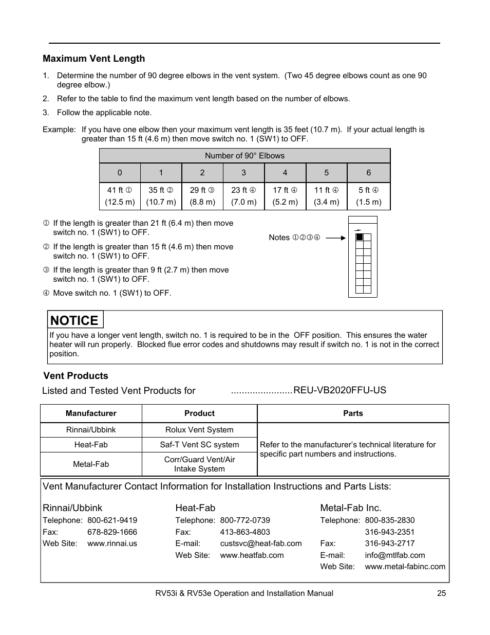 Notice, Venting instructions (rv53i) | Rinnai RV53I User Manual | Page 25 / 60