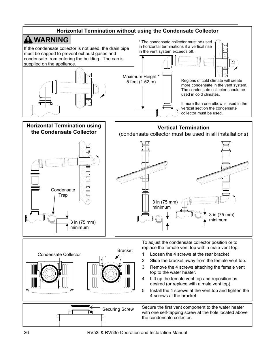 Warning, Flue installation - concentric venting (rv53i) | Rinnai RV53I User Manual | Page 26 / 60