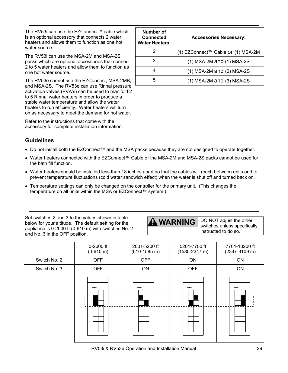 Warning, High altitude installations, Connecting multiple water heaters | Rinnai RV53I User Manual | Page 29 / 60