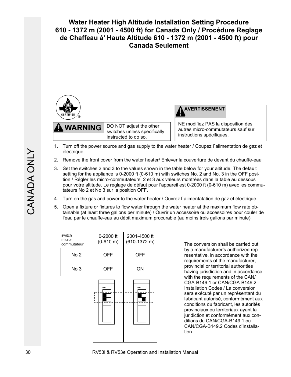 Canada onl y, Warning | Rinnai RV53I User Manual | Page 30 / 60