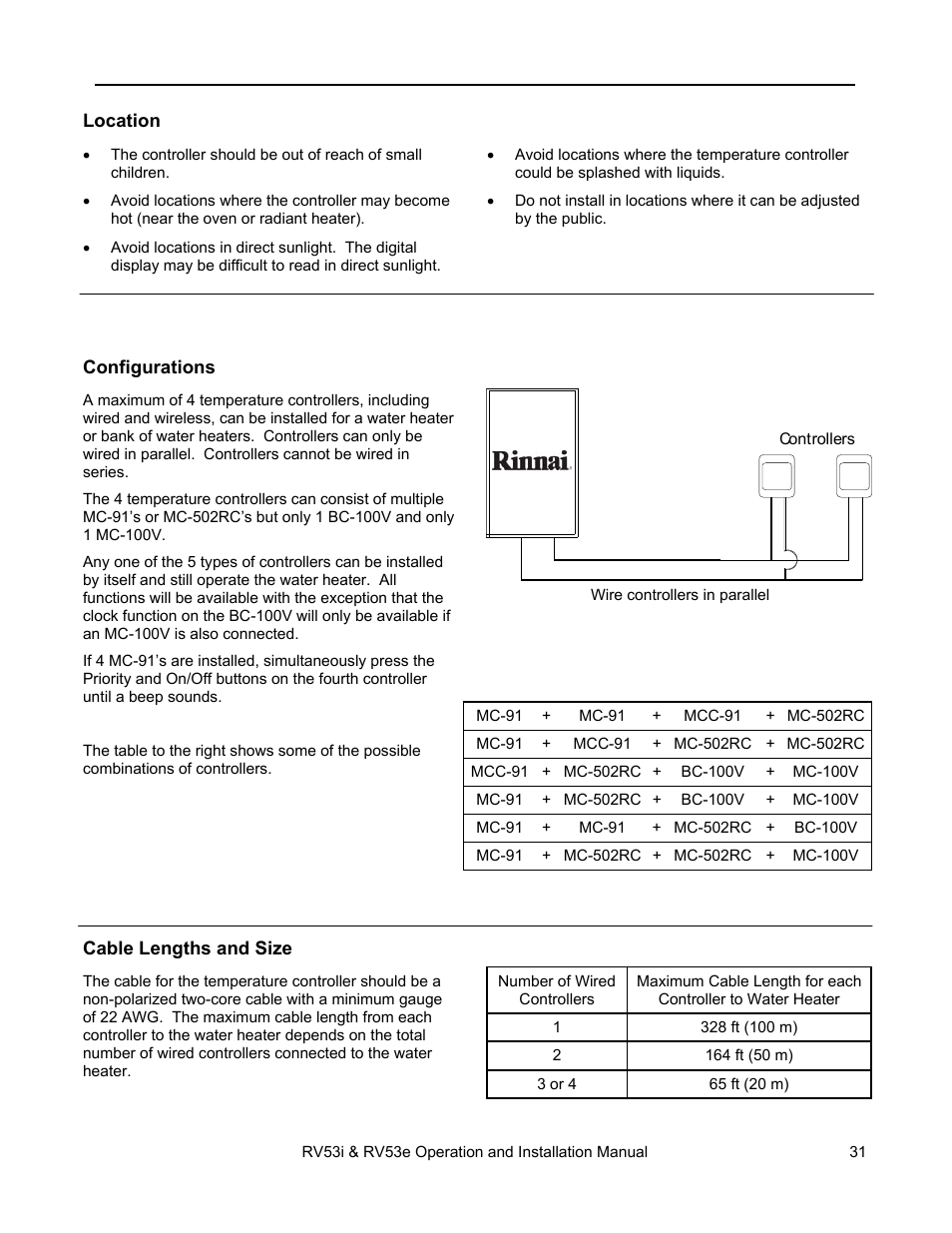 Temperature controller installation | Rinnai RV53I User Manual | Page 31 / 60