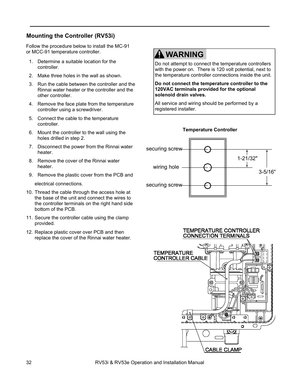 Warning, Temperature controller installation | Rinnai RV53I User Manual | Page 32 / 60
