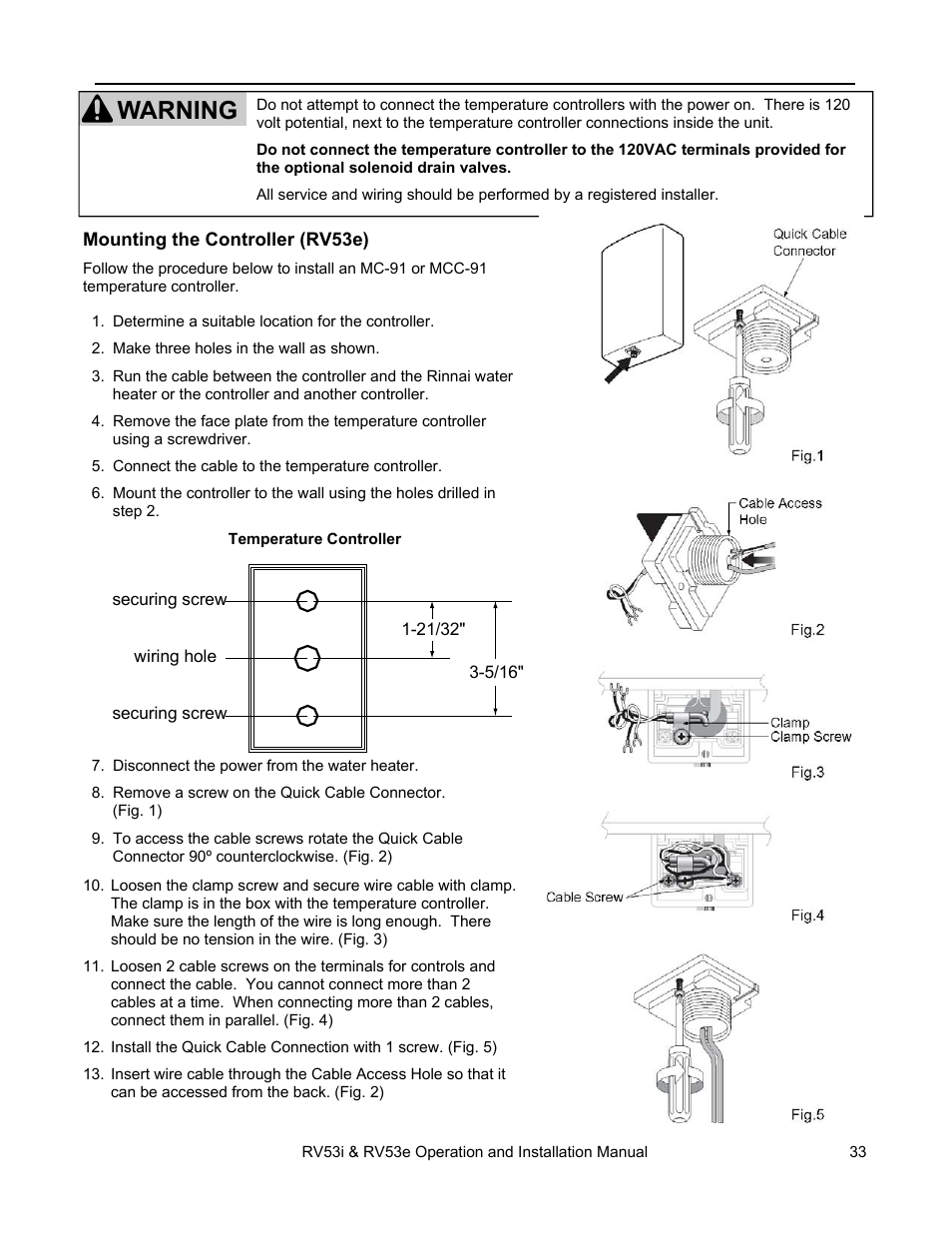Warning, Temperature controller installation | Rinnai RV53I User Manual | Page 33 / 60