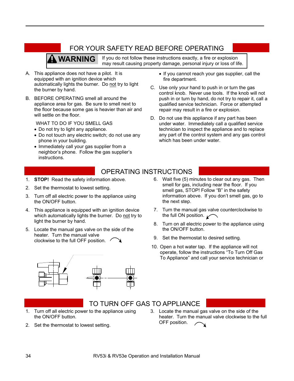 Warning | Rinnai RV53I User Manual | Page 34 / 60