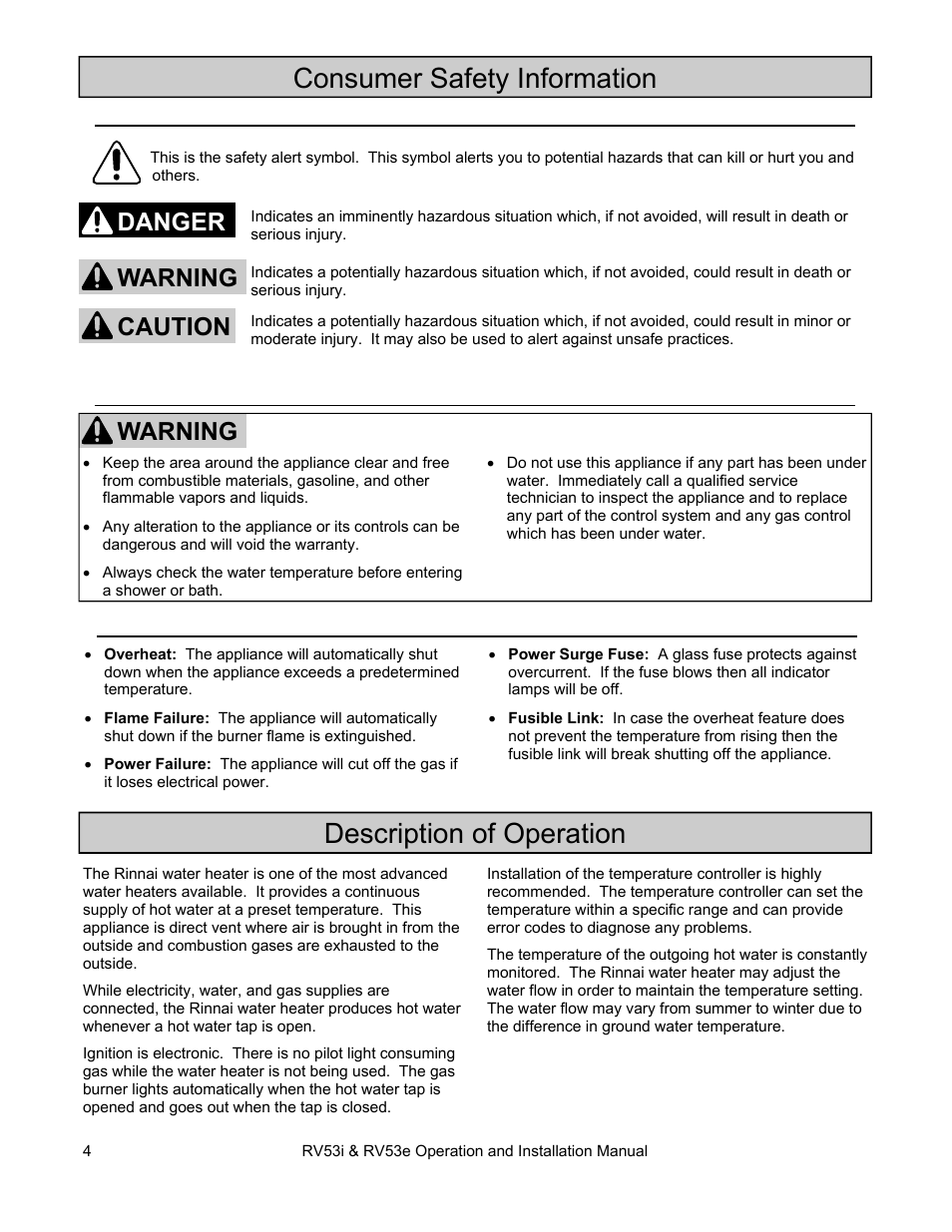 Consumer safety information, Description of operation, Warning | Danger caution warning | Rinnai RV53I User Manual | Page 4 / 60