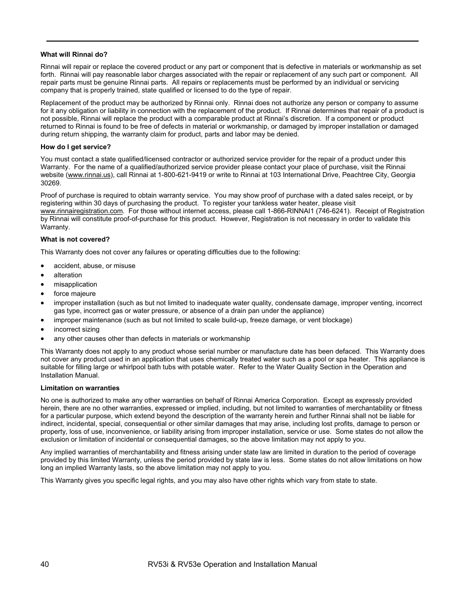 Limited warranty | Rinnai RV53I User Manual | Page 40 / 60