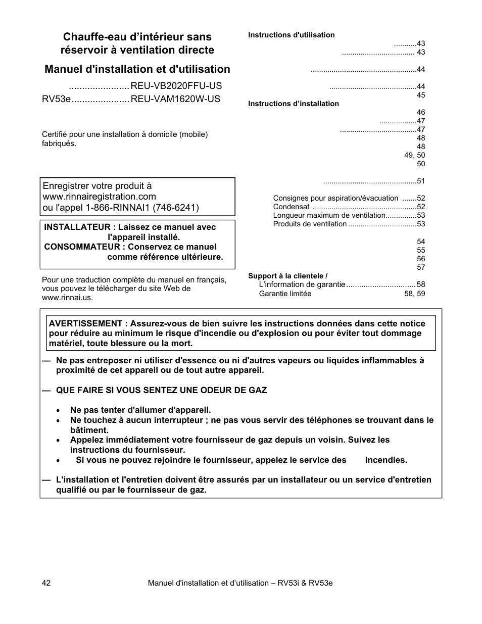 Manuel d'installation et d'utilisation | Rinnai RV53I User Manual | Page 42 / 60
