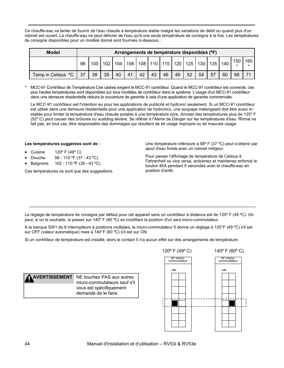 Plages de température, Avec un contrôleur de température | Rinnai RV53I User Manual | Page 44 / 60