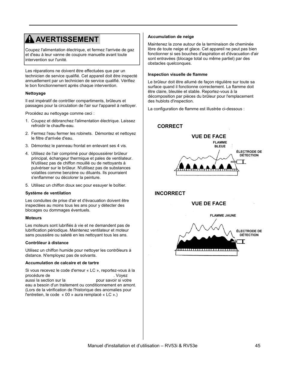 Avertissement, Entretien | Rinnai RV53I User Manual | Page 45 / 60
