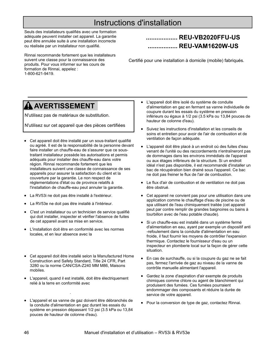 Instructions d'installation, Avertissement | Rinnai RV53I User Manual | Page 46 / 60