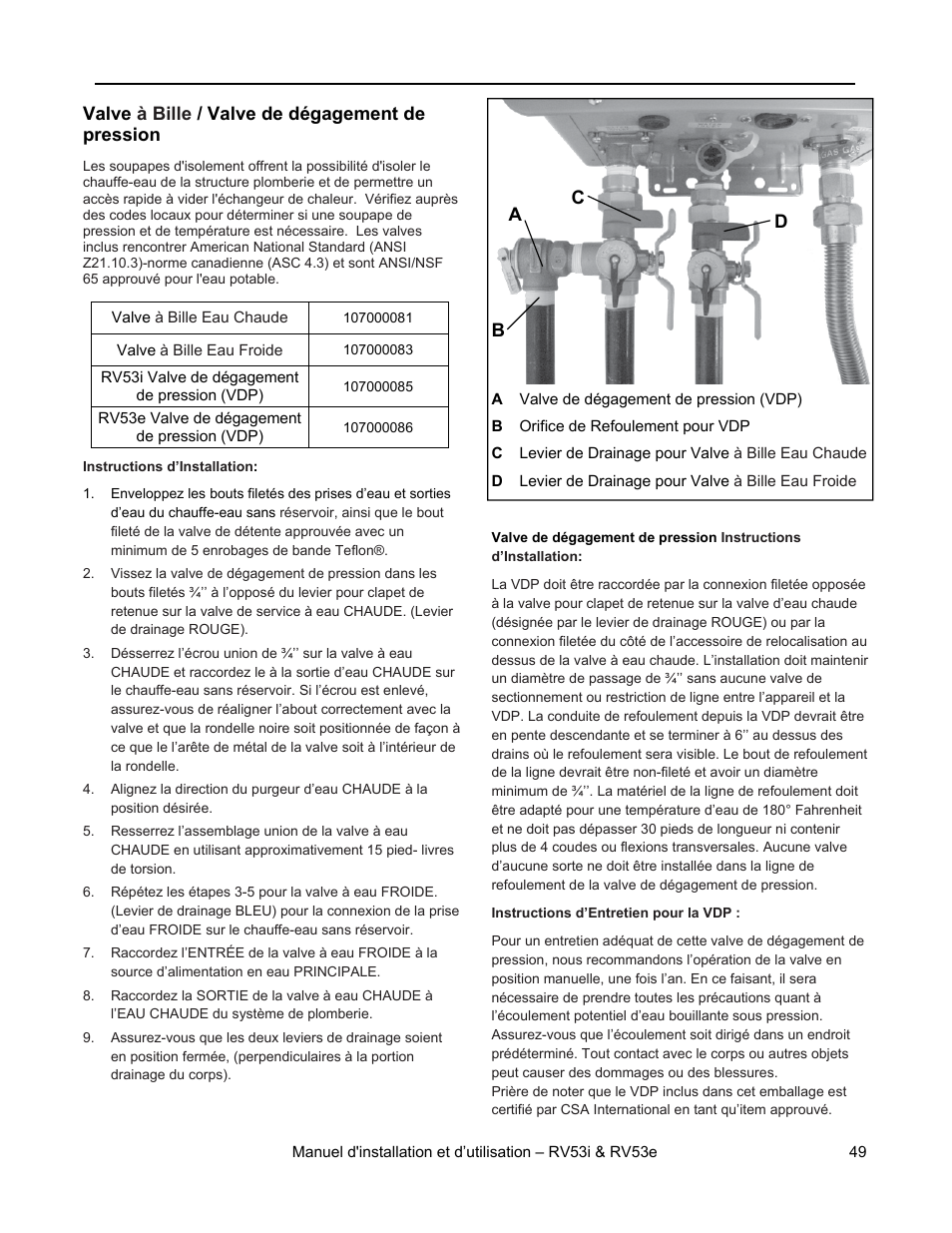 Tuyauterie d'eau | Rinnai RV53I User Manual | Page 49 / 60
