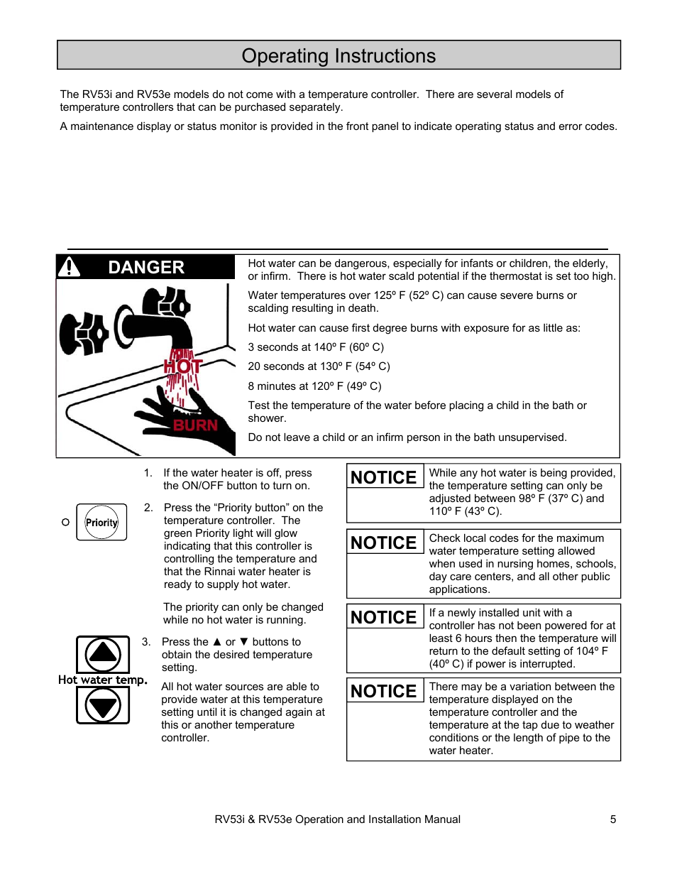 Operating instructions, Notice danger, Notice | Rinnai RV53I User Manual | Page 5 / 60