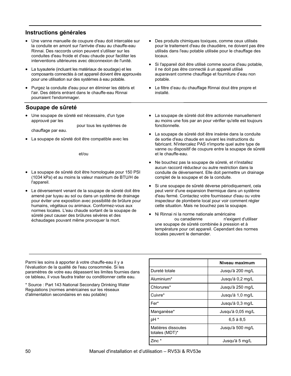 Tuyauterie d'eau, Qualité de l'eau | Rinnai RV53I User Manual | Page 50 / 60