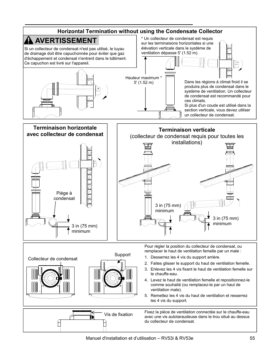 Avertissement, Installation de conduit de cheminée (rv53i) | Rinnai RV53I User Manual | Page 55 / 60