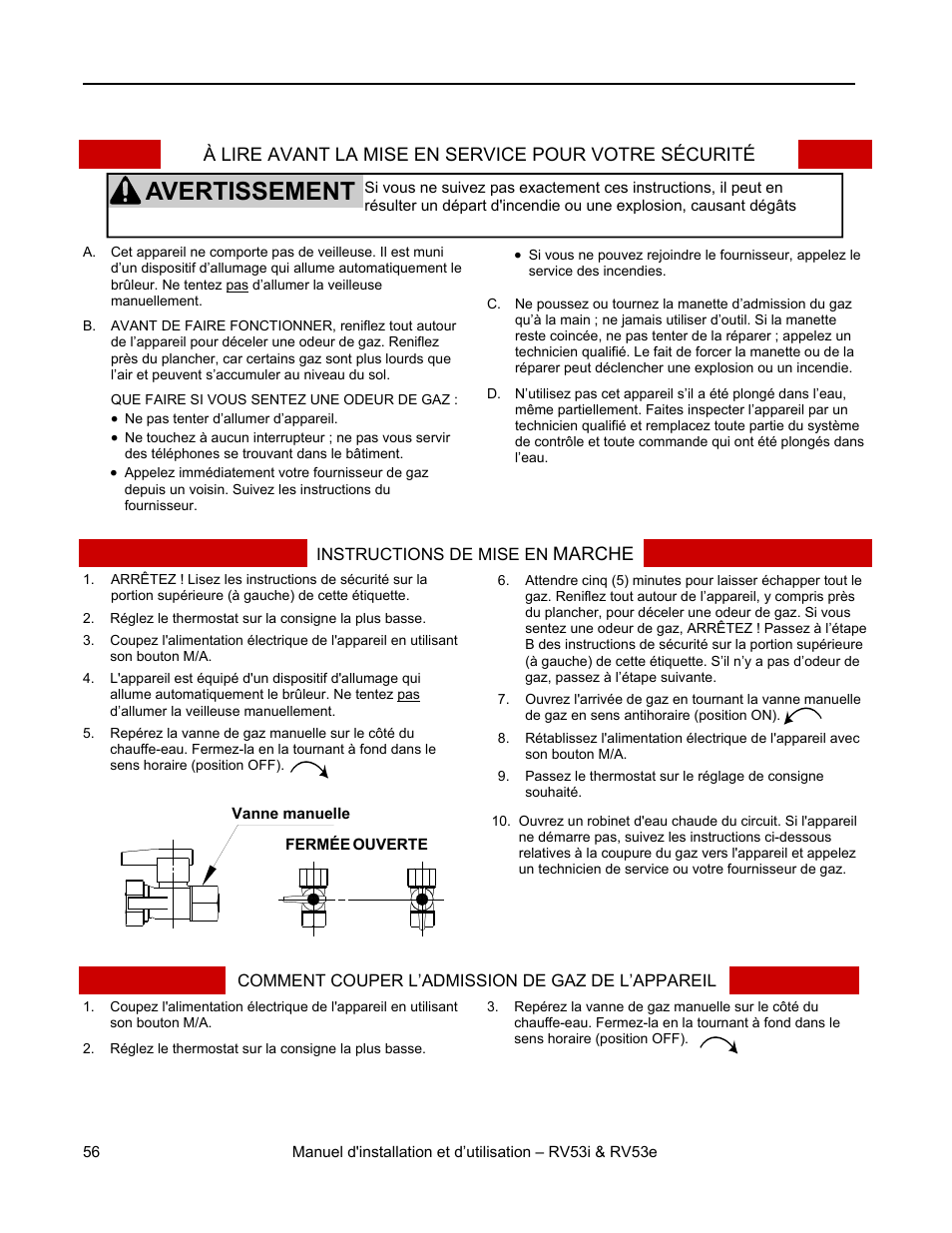 Avertissement, Instructions d'utilisation | Rinnai RV53I User Manual | Page 56 / 60
