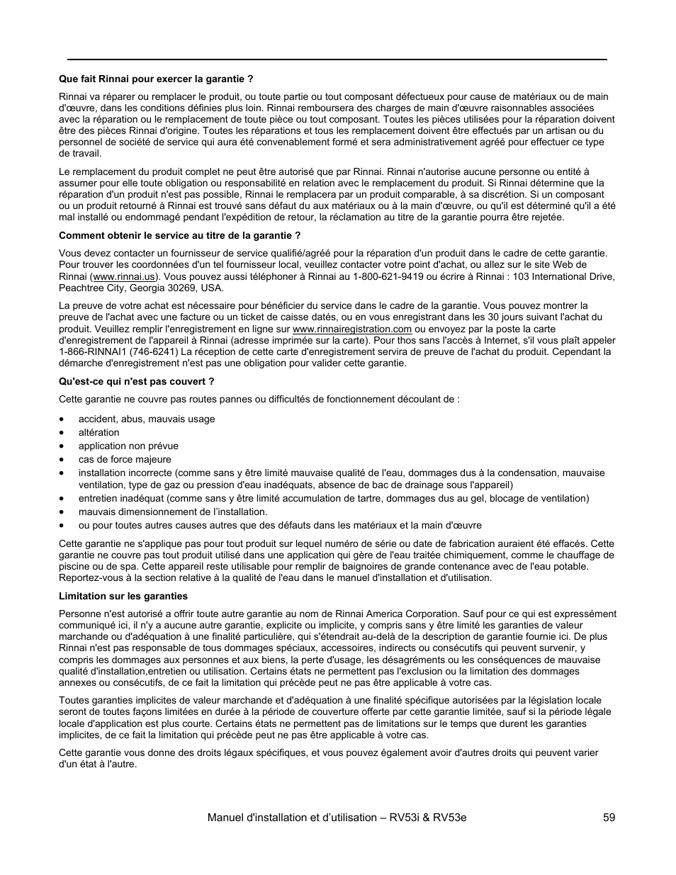 Garantie limitée | Rinnai RV53I User Manual | Page 59 / 60