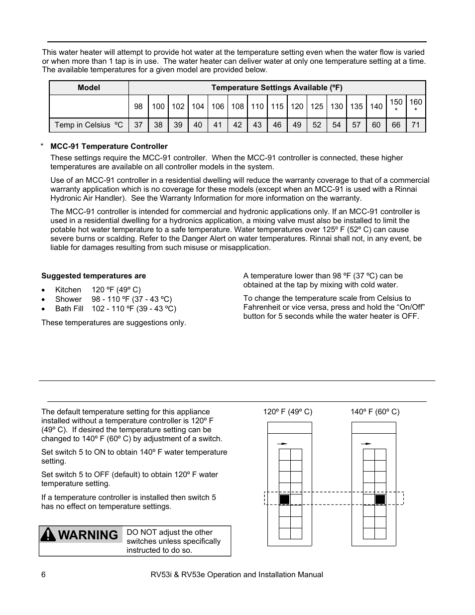 Warning, Temperature controller settings | Rinnai RV53I User Manual | Page 6 / 60