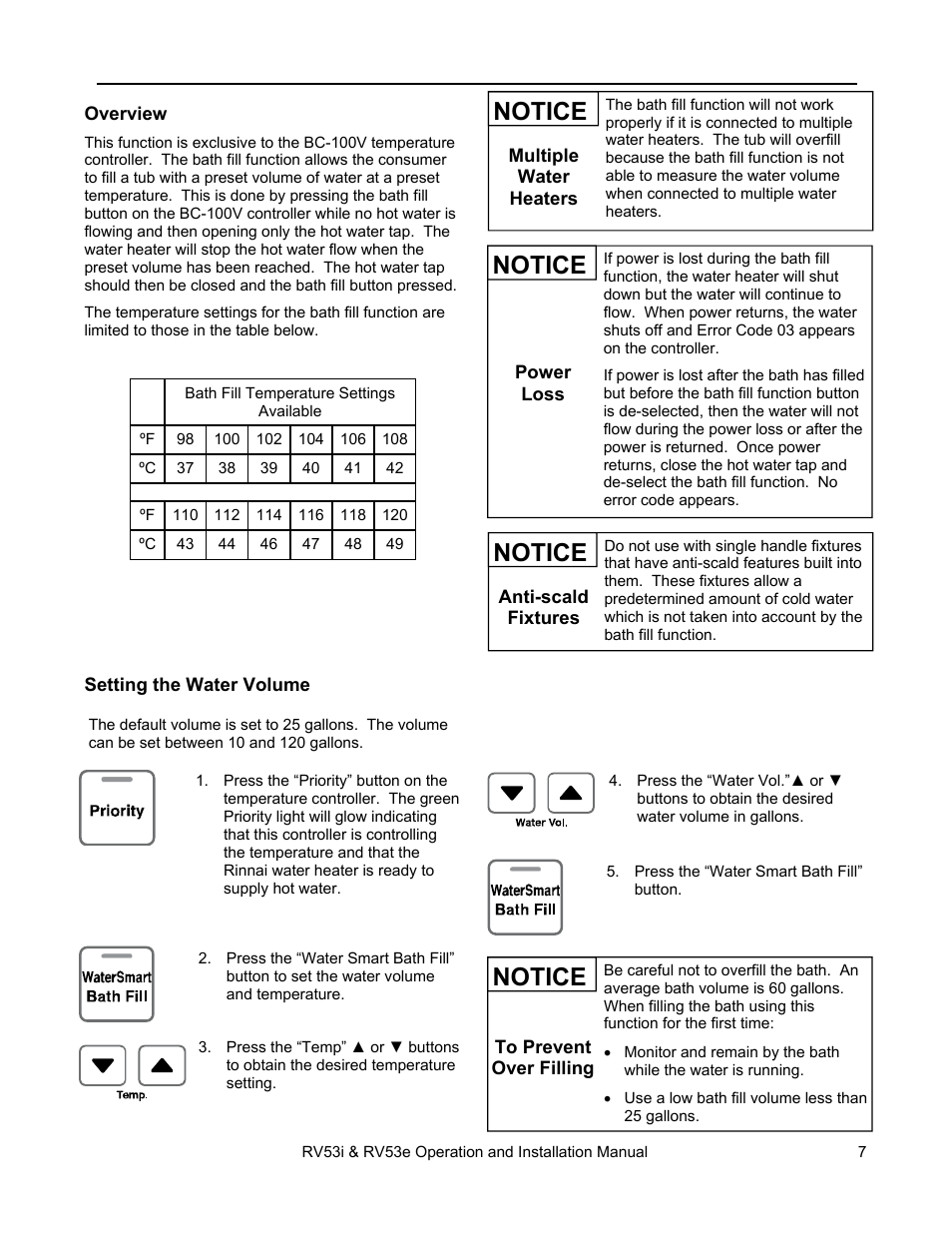 Notice, Using the water smart / bath fill function | Rinnai RV53I User Manual | Page 7 / 60