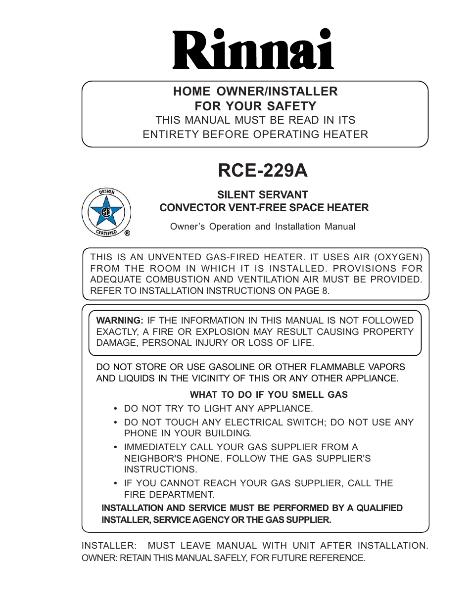 Rinnai RCE-229A User Manual | 28 pages