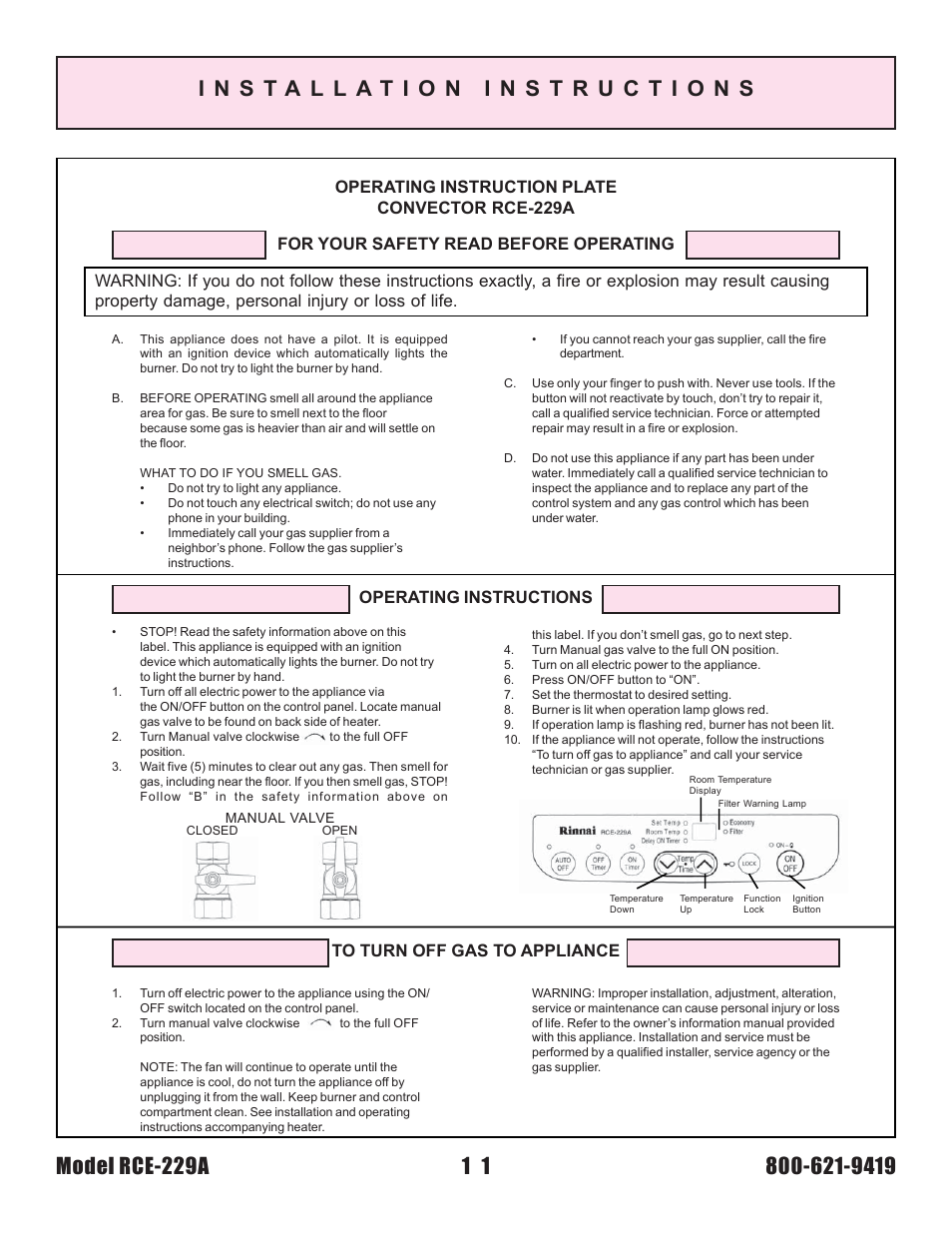 Operating instructions | Rinnai RCE-229A User Manual | Page 11 / 28