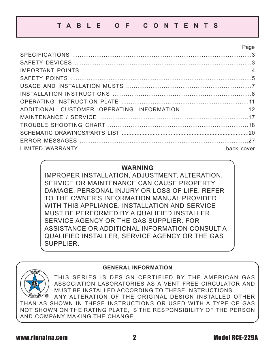 Rinnai RCE-229A User Manual | Page 2 / 28