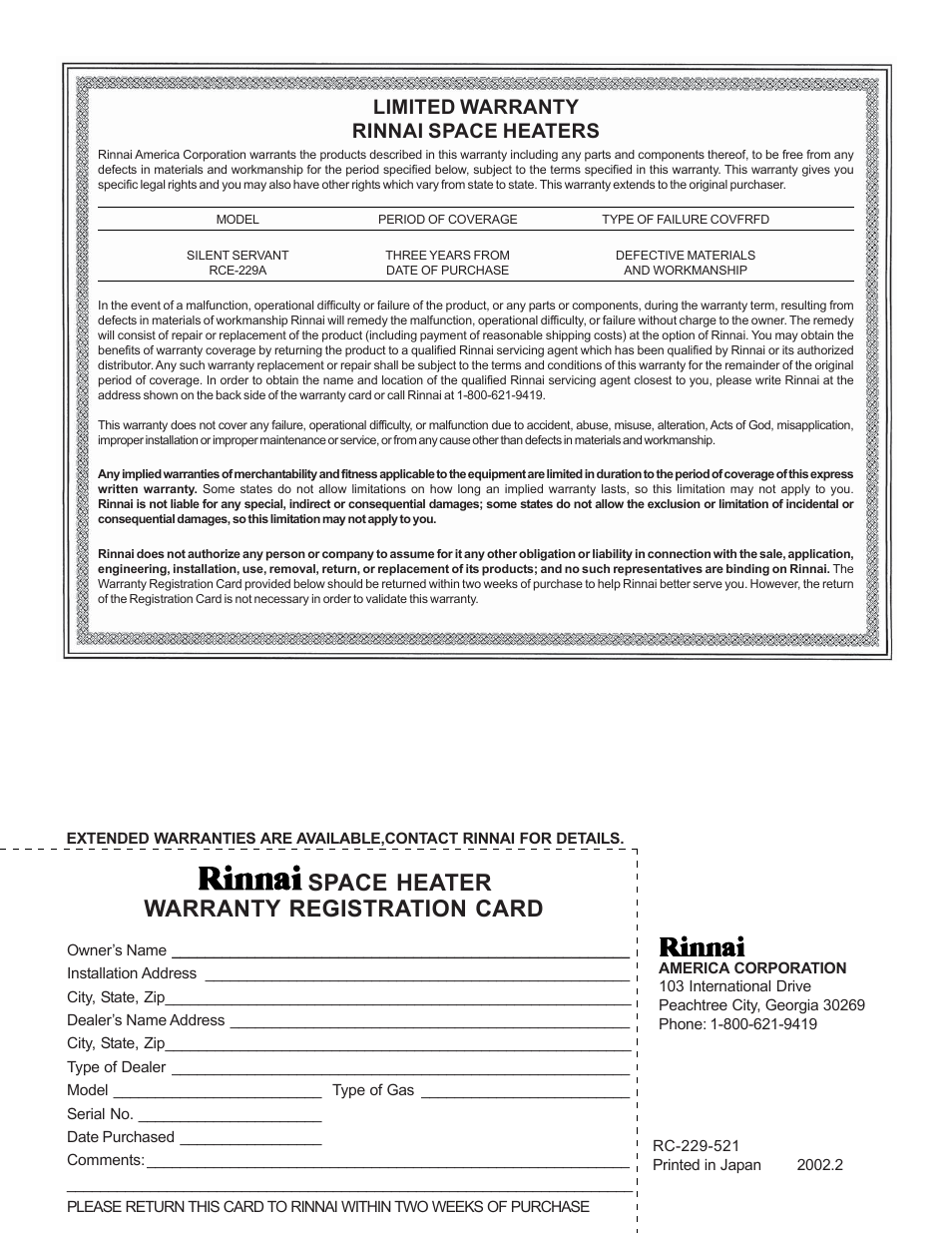 Space heater warranty registration card, Limited warranty rinnai space heaters | Rinnai RCE-229A User Manual | Page 28 / 28