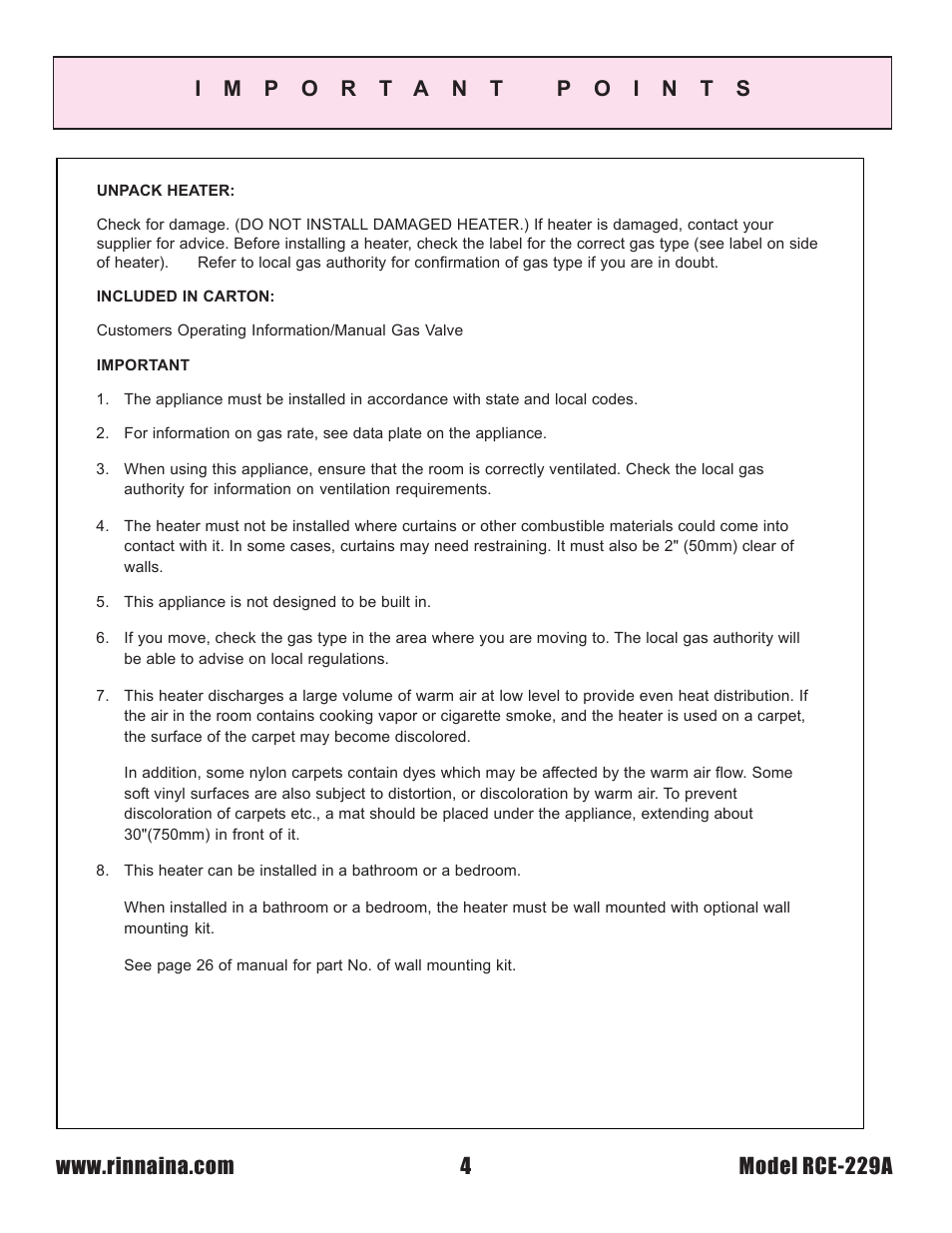 Rinnai RCE-229A User Manual | Page 4 / 28